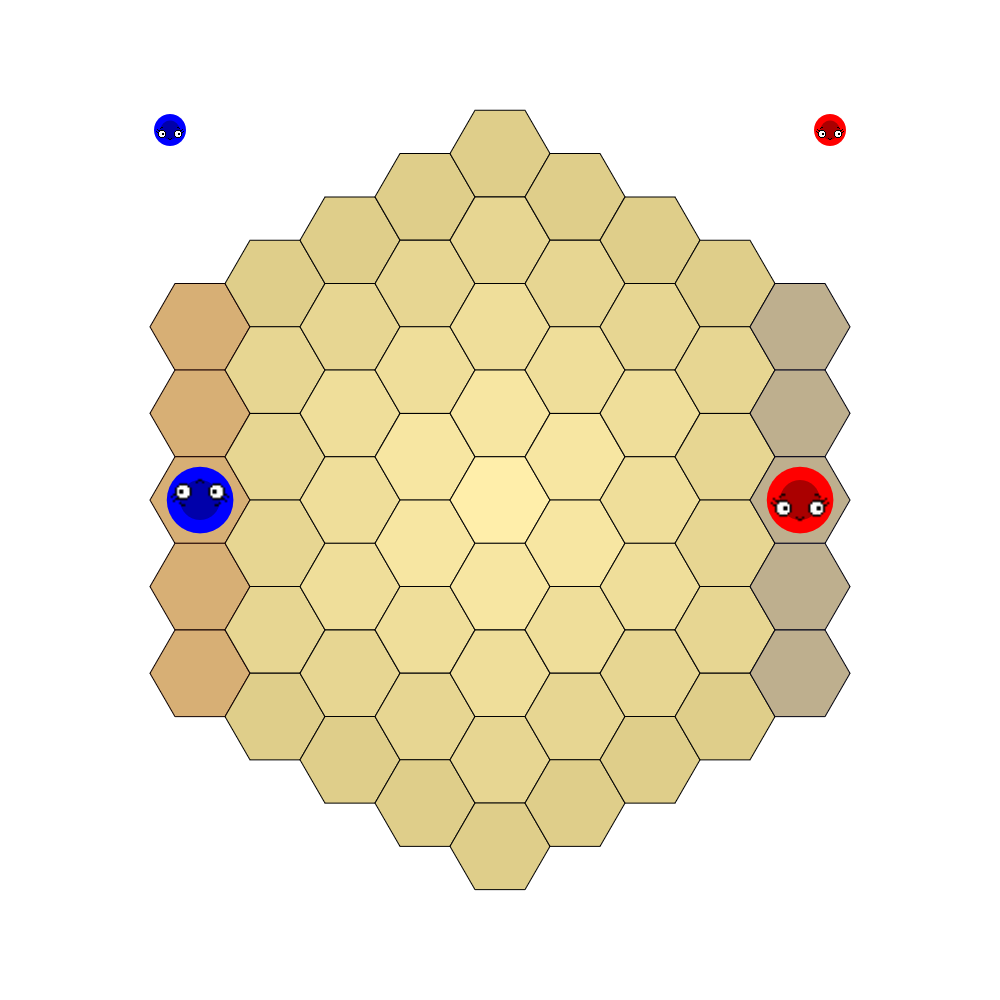 Hexidor arena: two characters on the hexagonal field, starting on opposite sides with their goal sides ahead of them